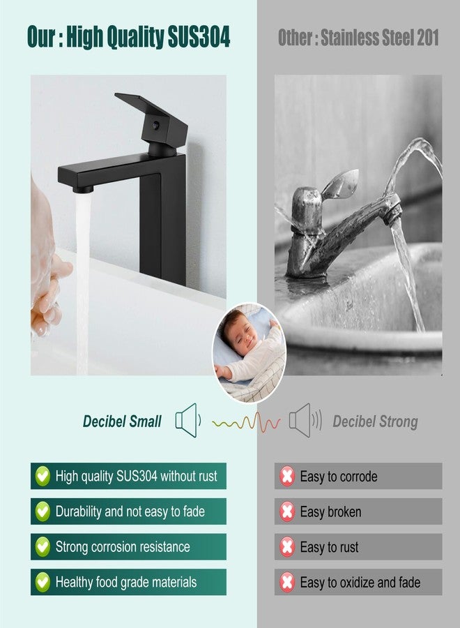 Heyalan Bathroom Vessel Sink Faucet Restroom Faucet Single Handle Basin Bowl Tap SUS304 Stainless Steel Tall Body 1 Hole Lavatory Vanity Mixer Bar Tap, with Drain,Matte Black - Image 3