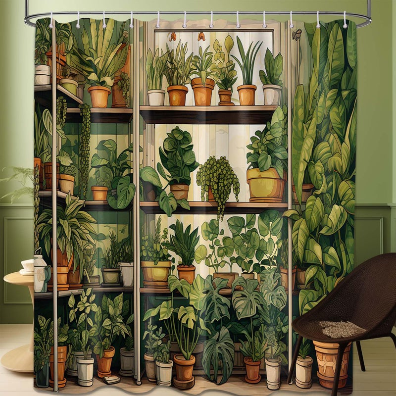 QGHOT Botanical Shower Curtain  Vintage Green Plant Shower Curtains for Bathroom Decor Nature Fake Potted Greenery Floral Bath Curtain Set  Waterproof Fabric  70"" W x 78"" L - Image 1