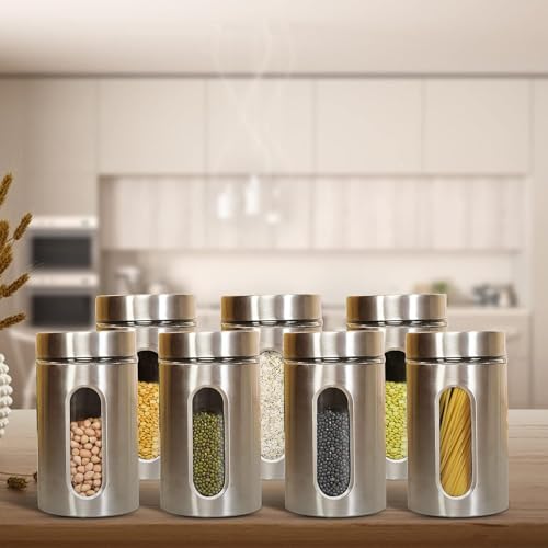 WRINGO Steel Cover Window Clear Glass Jars for Kitchen Storage Food Spices Canister with Airtight Lid Container Organizer, Tea Coffee & Sugar (Silver - 900ML, Set of 2) - Image 3