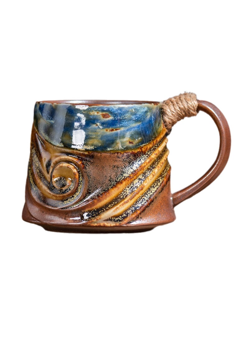 Special-Shaped Mugs, Retro Ceramic Cups, Irregular Cups, Stoneware Water Cups, High-Value Coffee Cups（Brown Base Bright Blue 300ml） - Image 1