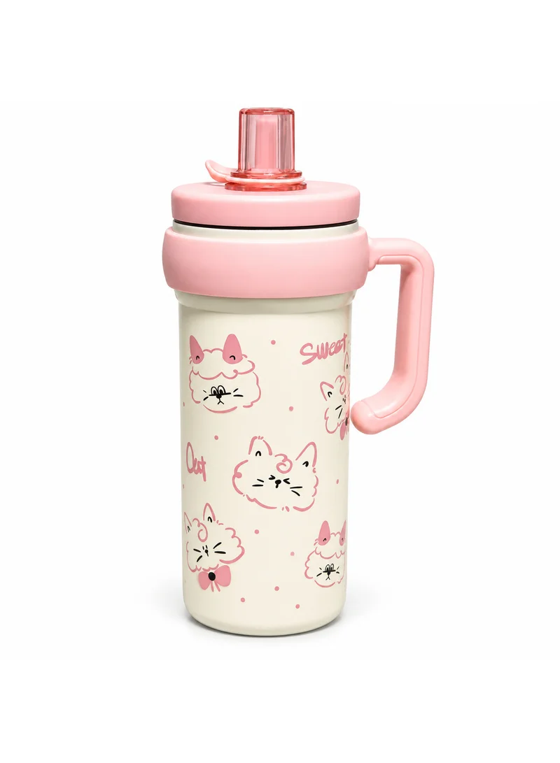 Tooly 600ml Double Wall Stainless Steel Vacuum Insulated Travel Flask Mug with Side Handle & Drinking Spout – Cute Cat Graphic, Hot (12h) & Cold (24h) Water Bottle, BPA Free (Cream & Pink)