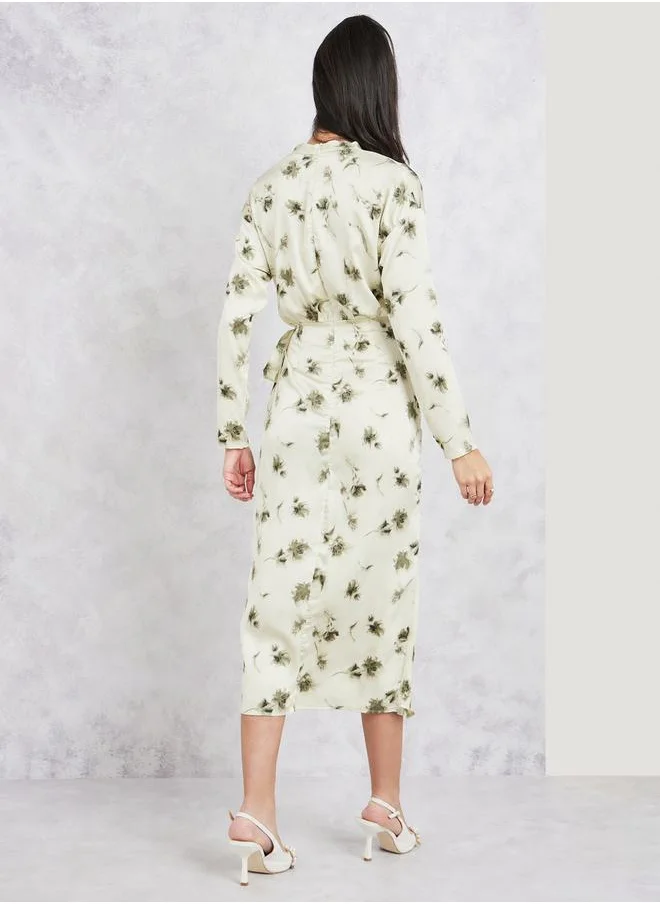 Styli Satin Floral Print Wrap Midi Dress