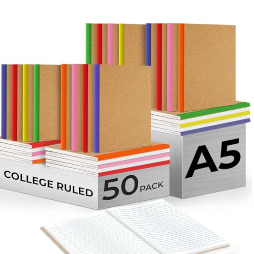 Rosmonde 50 Pack Bulk Kraft Journals, A5, Extra Pages - 120 Pages (60 Sheets), College Ruled, 8 x 5.7, No-Bleed Paper, Bulk Composition Notebooks Lined, Kraft Composition Notebook for School - Image 1