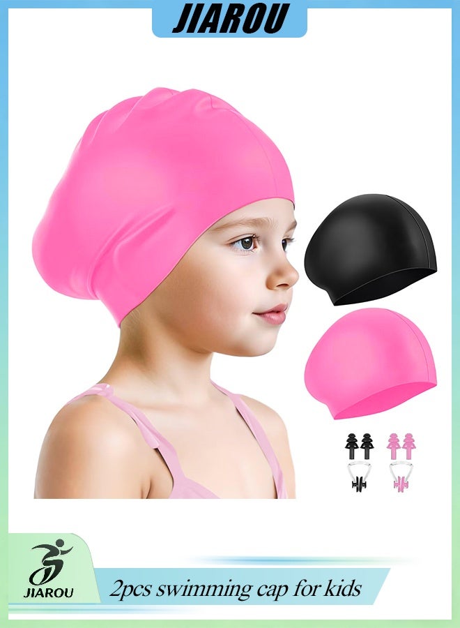 JIAROU 2 Pack Kids Swim Cap for Girls Boys, 2 Size Silicone Swimming Cap for Toddlers Children Teens, Waterproof Swim Hatsfor Long Hair to Keep Hair Dry - Image 1