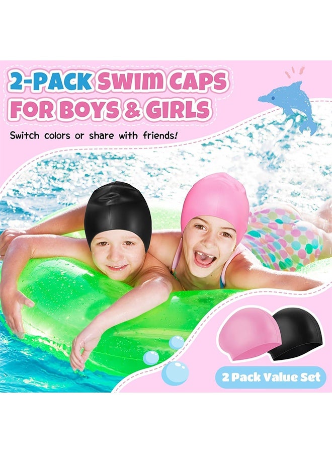 JIAROU 2 Pack Kids Swim Cap for Girls Boys, 2 Size Silicone Swimming Cap for Toddlers Children Teens, Waterproof Swim Hatsfor Long Hair to Keep Hair Dry - Image 2