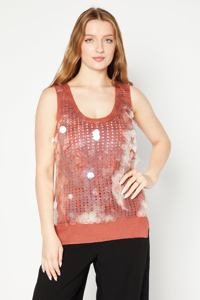 BOTTEGA VENETA Women U Neck Sleeveless Textured Tops, Pink Hibiscus  - Image 1