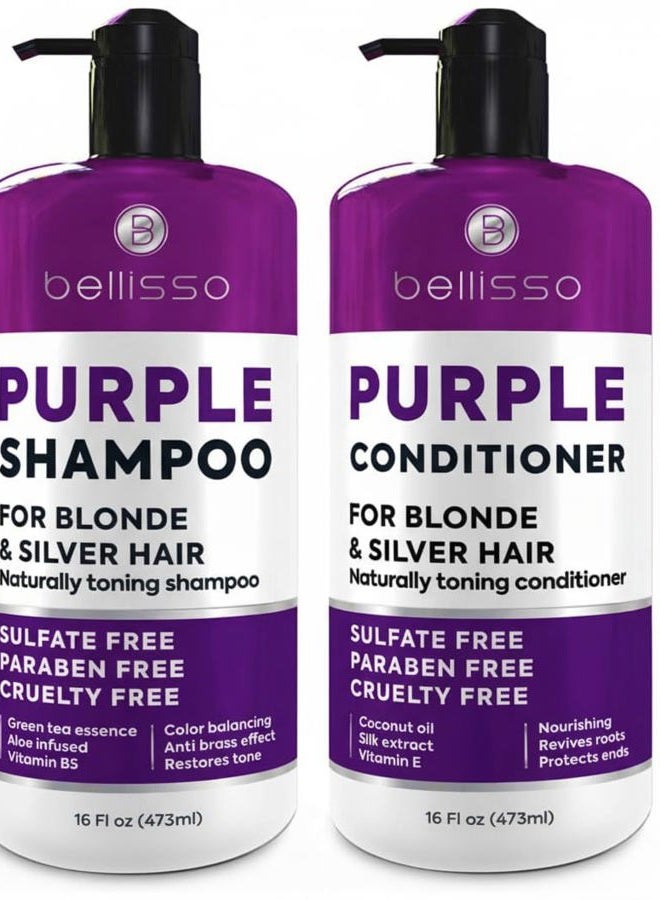 BELLISSO Purple Shampoo and Conditioner Set - Sulfate Free Salon Grade (2 x 16.9 fl oz) - Hydrating Toner - Shimmer Correction for Platinum Blonde, Silver, Light, and Grey Hair - Advanced Formula - Image 1