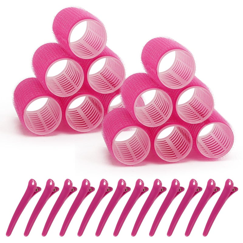 BESSEEK Hair Rollers, 12 Pack Hair Curler Small Hair Rollers for Women, Self Grip Hair Roller with Clips, Rose Red (Medium PLUS) - Image 1