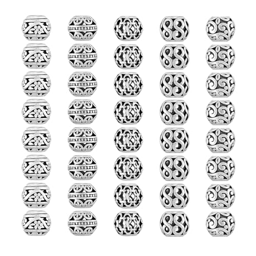 Haniforever 40Pcs Metal Tube Spacer Beads for Jewelry Making Necklace Silver Large Hole Paracord Beads Bracelets Spacers Charms Loose Beads5Style - Image 1