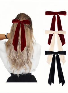 Lesha 3 Pcs Velvet Hair Bows Ribbon Hair Clip Beige Wine Red Black Accessories Ponytail Holder Accessories Slides Metal Clips Hair Bow for Women Girls Toddlers Teens Kids  - Image 1