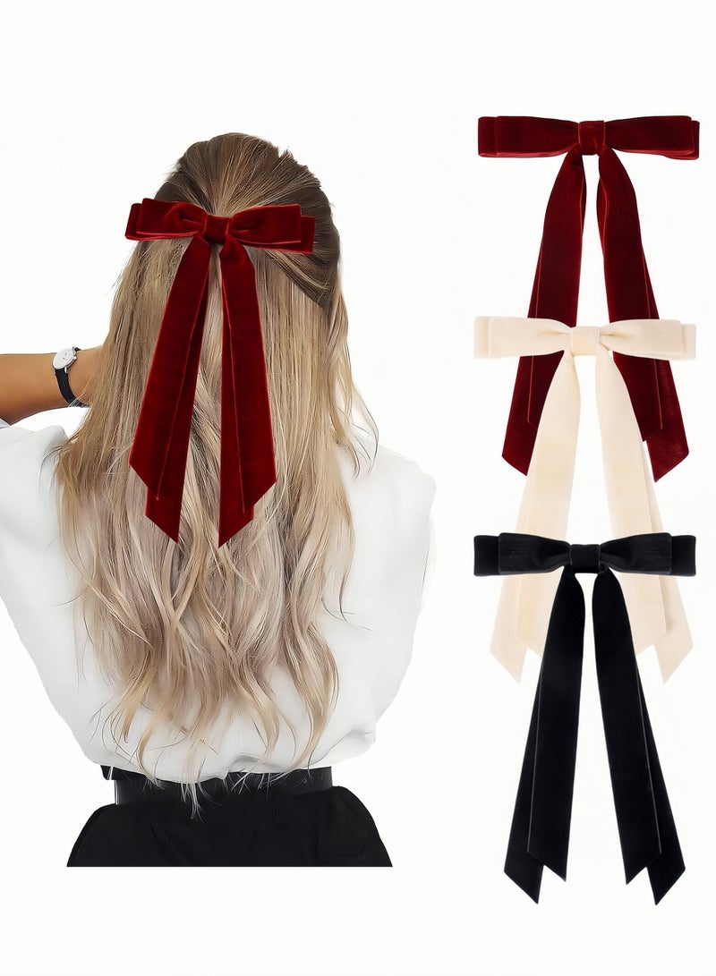 Lesha 3 Pcs Velvet Hair Bows Ribbon Hair Clip Beige Wine Red Black Accessories Ponytail Holder Accessories Slides Metal Clips Hair Bow for Women Girls Toddlers Teens Kids - Image 1