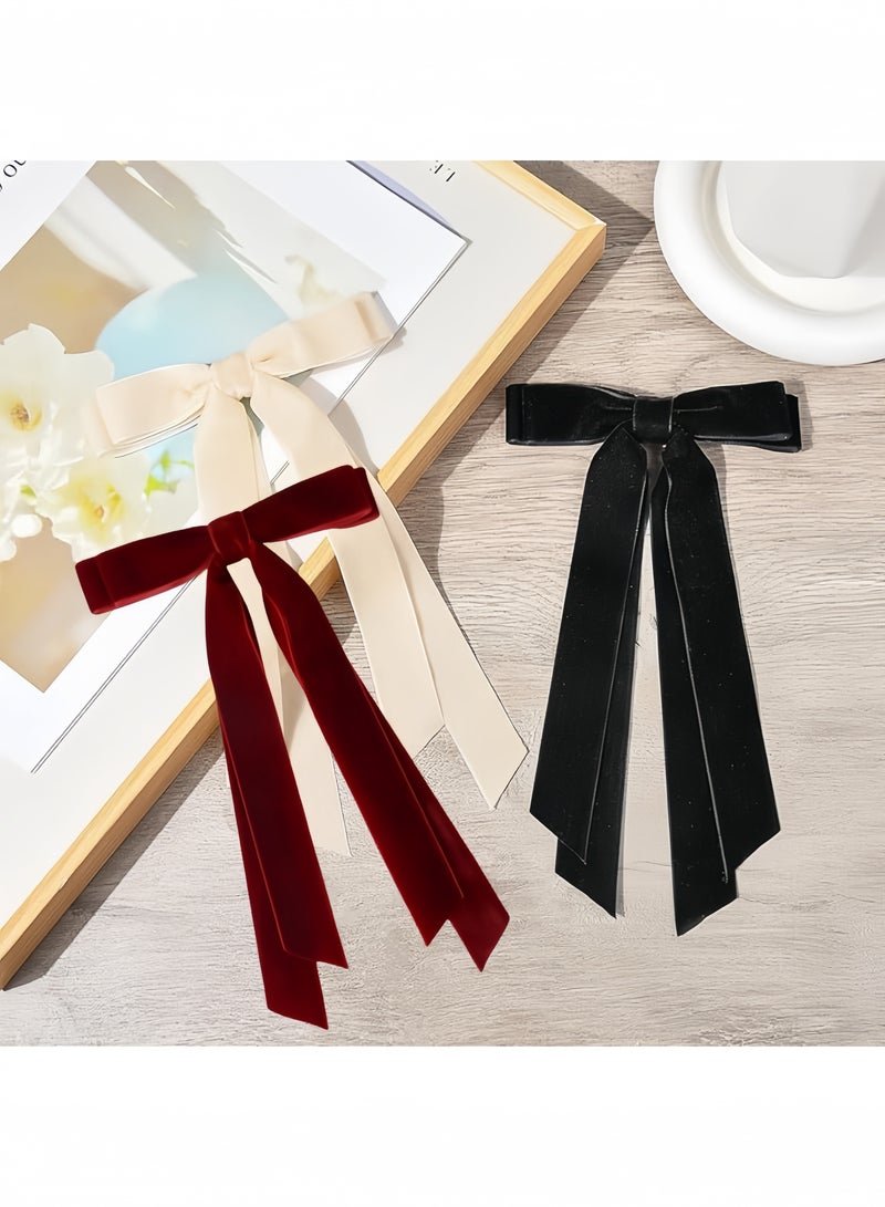 Lesha 3 Pcs Velvet Hair Bows Ribbon Hair Clip Beige Wine Red Black Accessories Ponytail Holder Accessories Slides Metal Clips Hair Bow for Women Girls Toddlers Teens Kids - Image 2