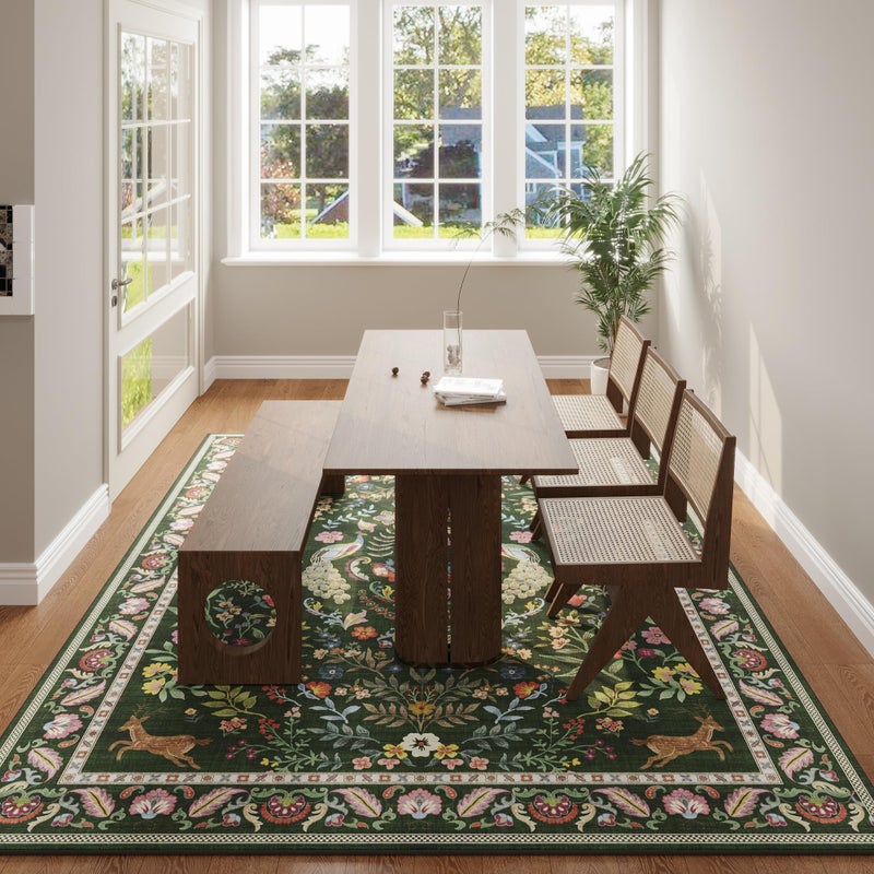 Rugcomf Living Room Rug 5x7 Rug Machine Washable Area Rug Floral Non-Slip Low Pile Large Rugs for Living Room, Bedroom, Farmhouse, Dining Room, Kids Playroom (Emerald Green) - Image 5