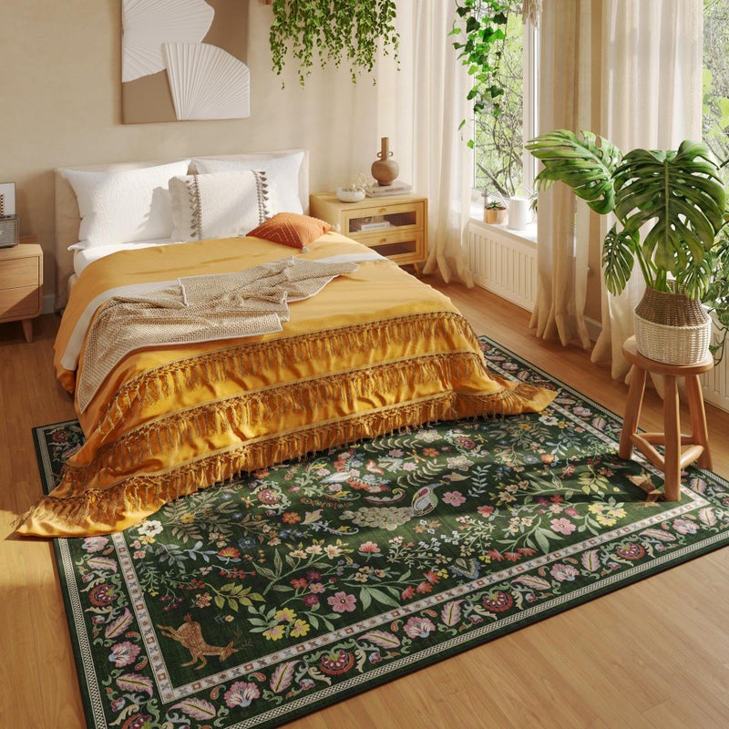 Rugcomf Living Room Rug 5x7 Rug Machine Washable Area Rug Floral Non-Slip Low Pile Large Rugs for Living Room, Bedroom, Farmhouse, Dining Room, Kids Playroom (Emerald Green) - Image 4