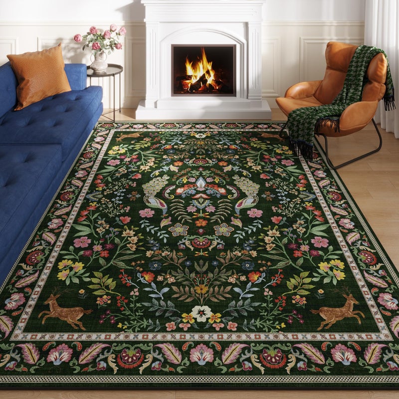 Rugcomf Living Room Rug 5x7 Rug Machine Washable Area Rug Floral Non-Slip Low Pile Large Rugs for Living Room, Bedroom, Farmhouse, Dining Room, Kids Playroom (Emerald Green) - Image 1