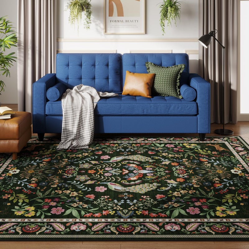 Rugcomf Living Room Rug 5x7 Rug Machine Washable Area Rug Floral Non-Slip Low Pile Large Rugs for Living Room, Bedroom, Farmhouse, Dining Room, Kids Playroom (Emerald Green) - Image 3