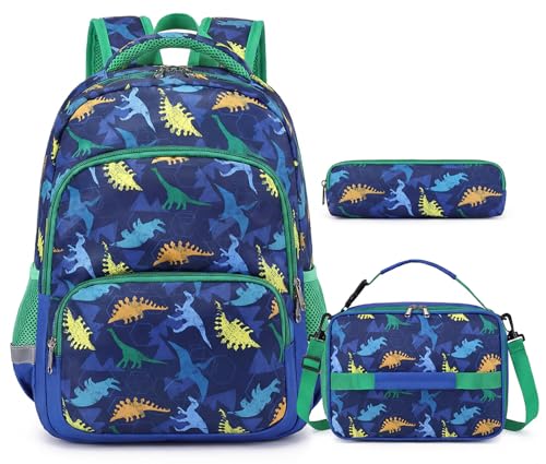 mygreen Kids Backpack Set 3in1 School Backpack with Lunch Box Pencil Case for Boys Girls Lightweight Durable for Daycare Picnic Outdoor Travel Blue Green Dinosaurs - Image 1