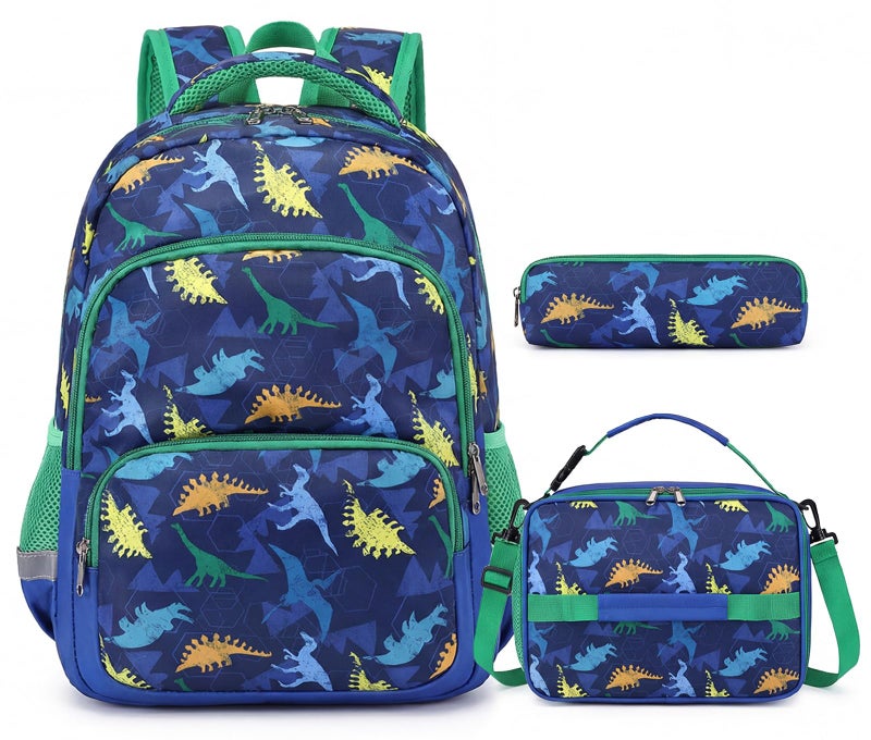 mygreen Kids Backpack Set 3in1 School Backpack with Lunch Box Pencil Case for Boys Girls Lightweight Durable for Daycare Picnic Outdoor Travel Blue Green Dinosaurs - Image 2