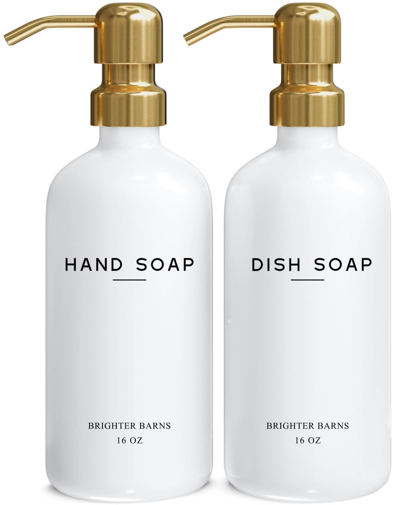 Luxury Glass Hand and Dish Soap Dispenser Set by Brighter Barns  Kitchen Soap Dispenser Set  Stainless Steel Pump  Glass Bottle for Sink  White and Gold Kitchen Accessories for Airbnb Gift Gold