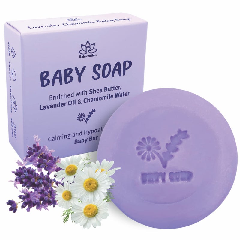Relaxcation MADE IN USA LAVENDER & CHAMOMILE BABY Soap Bar for KIDS with Lavender Essential Oils, Organic Chamomile Water, and Shea Butter - Naturally Cold Processed in the USA - Image 1