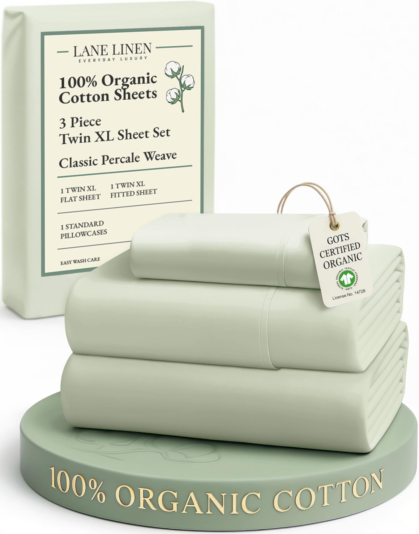 LANE LINEN 100% Mercerized Organic Cotton Twin XL Sheets Set, Soft & Comfy Percale Weave - Perfect for Hospital beds or Dorm Room, Luxury Hotel Like Sheets Twin XL Size Sheet Set - Mineral