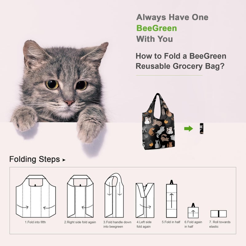 BeeGreen 6 Pack Cats Reusable Grocery Bags Gifts for Cat Lovers with Elastic Band Reusable Shopping Bags Bulk 50LBS X-Large Foldable-Machine Washable-Heavy Duty - Image 4