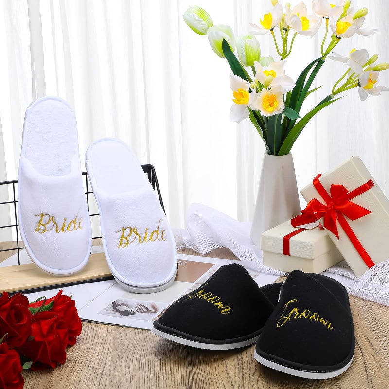 Janmercy 2 Pairs Wedding Groom Bride Slippers for Wedding Personalized Slippers Shower Bridal Party Gifts, White and Black(Bride Style) - Image 4