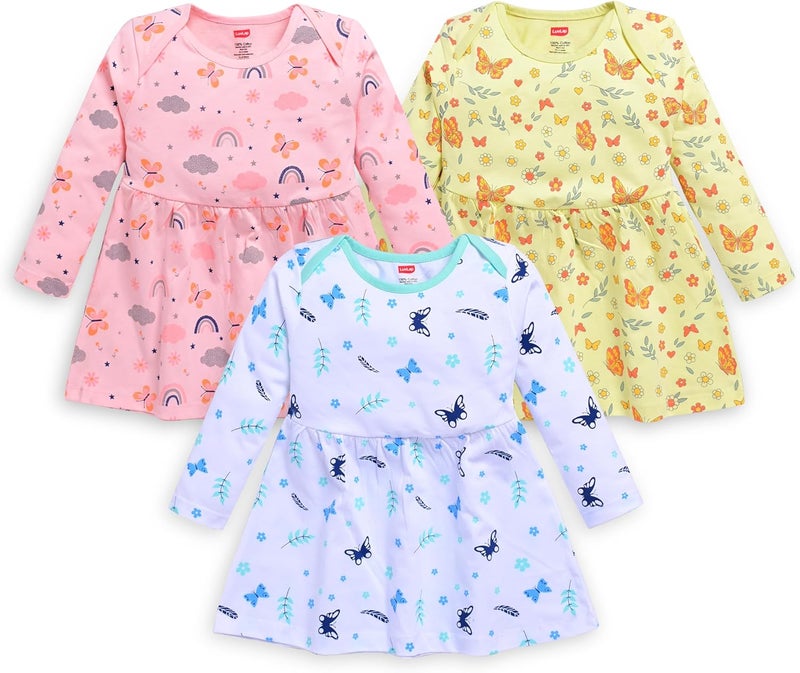 LuvLap Baby Girls 100% Cotton Full Sleeve Frock Pack of 3 - Multicolour, 18 to 24 Months - Image 1