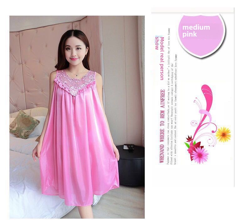 Summer Plus Size Ice Silk Sleepwear Womens Slip Dress 324# medium pink