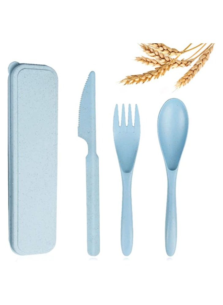 MahMir Reusable Wheat Straw Cutlery Spoon Knife Fork Tableware set Travel Utensils Set with Case Eco Friendly BPA Free Cutlery for Kids and Adults as Travel Picnic Camping Utensils  ( Blue )  - Image 1