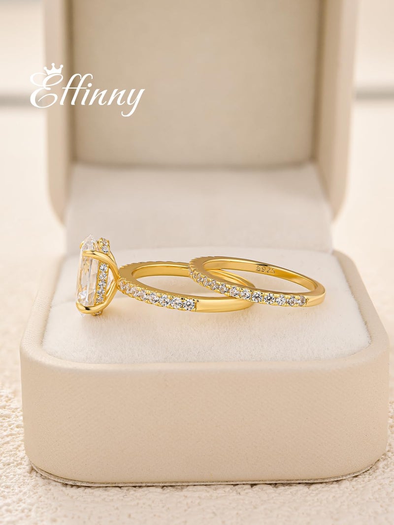 Effinny 3.5ct Elongated Oval Cut Engagement Ring Set,925 Sterling Silver Bridal Ring Set with Half Eternity Wedding Ring (Golden, 6) - Image 3