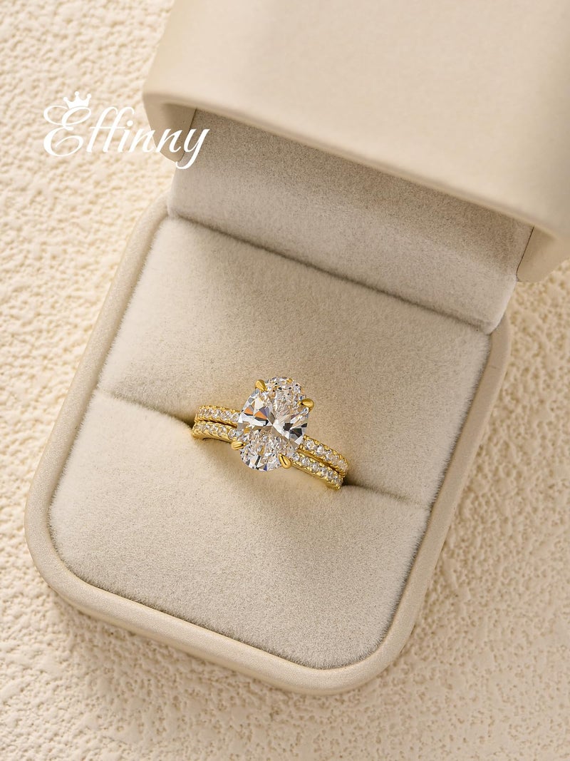 Effinny 3.5ct Elongated Oval Cut Engagement Ring Set,925 Sterling Silver Bridal Ring Set with Half Eternity Wedding Ring (Golden, 6) - Image 2