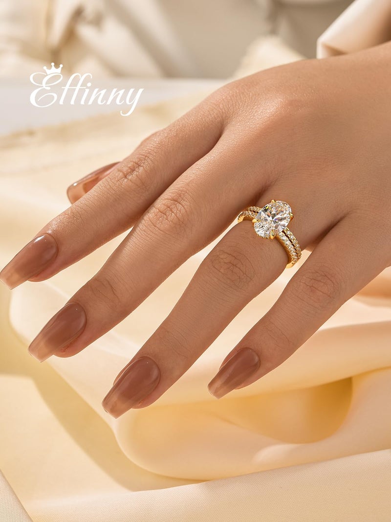 Effinny 3.5ct Elongated Oval Cut Engagement Ring Set,925 Sterling Silver Bridal Ring Set with Half Eternity Wedding Ring (Golden, 6) - Image 5