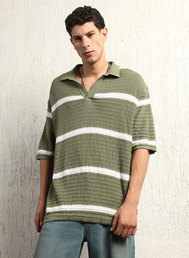 Hubberholme Oversized Multicolor Striped Polo Collar T-Shirt for Men
