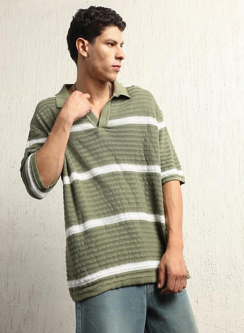 Hubberholme Oversized Multicolor Striped Polo Collar T-Shirt for Men - Image 3