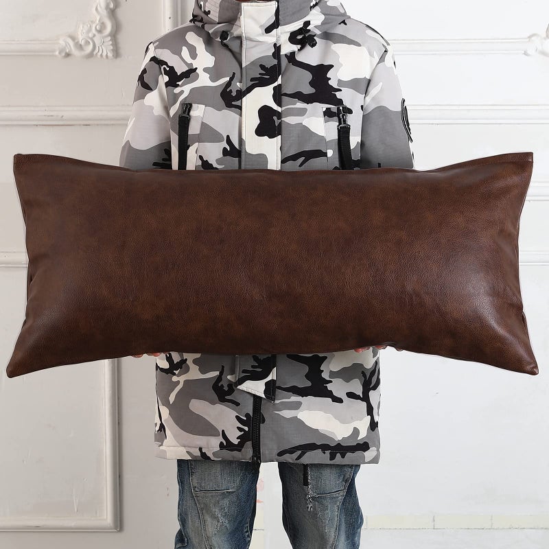 PANOD Decorative Lumbar Throw Pillow Covers 14 x 36Premium Faux Leather Long Pillow Covers Cushion Case for Farmhouse Sofa Couch Bed LivingroomModern BohoVegan Dark Brown