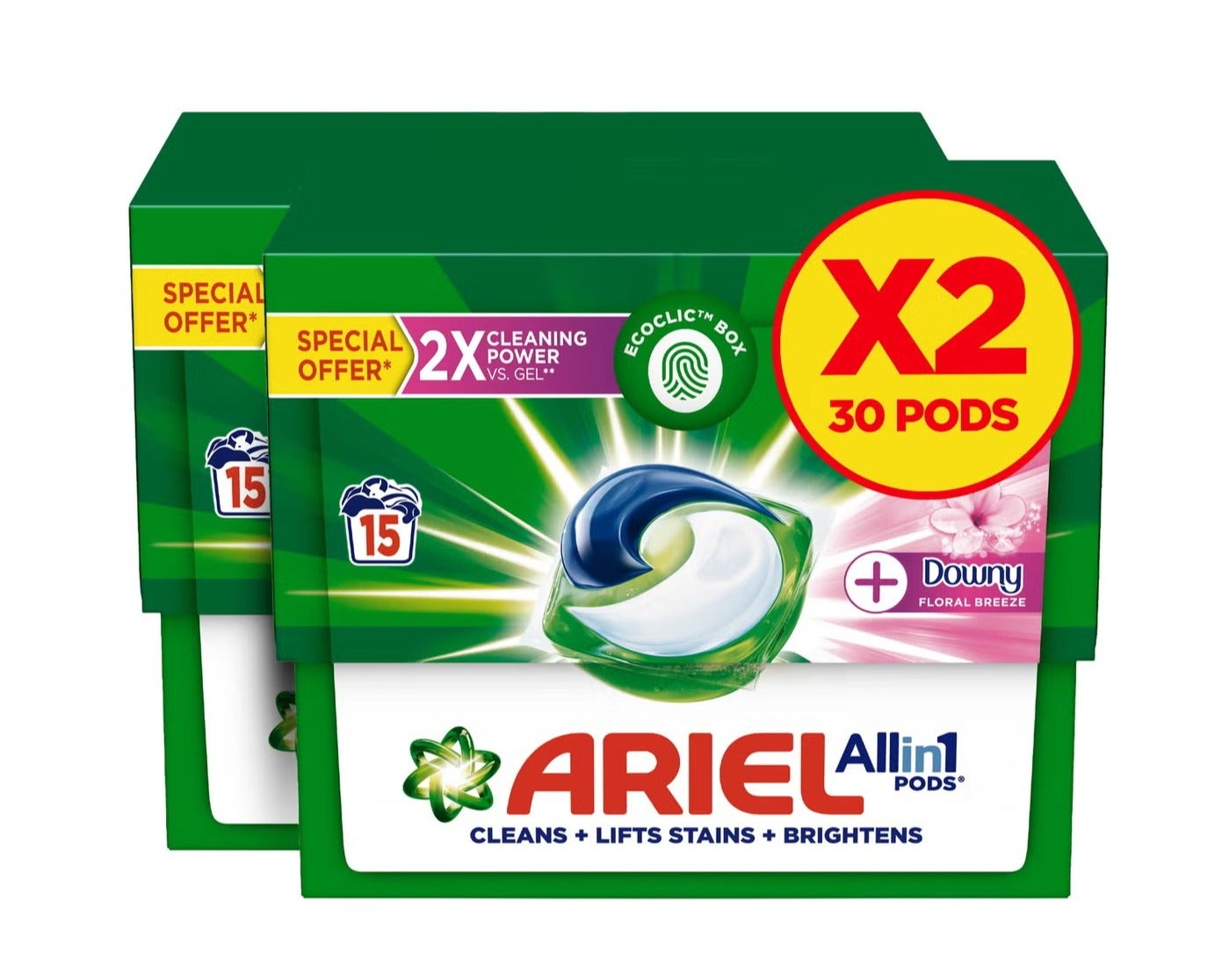 Ariel Floral Breeze All-In-1 Laundry Detergent Pods with Downy, 30 Pods, Pack of 2, Stain Removal, Long-Lasting Freshness, Colour Care, Washing Machine Capsules