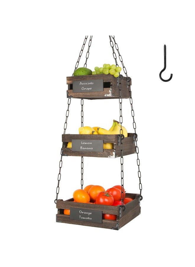 J JACKCUBE DESIGN 3-Tier Rustic Wood Hanging Fruit Basket, Kitchen Fruit, Vegetable Storage Organizer, Countertop Space Saver- Heavy Duty Metal Hooks- MK1008A - Image 1