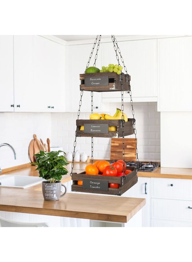 J JACKCUBE DESIGN 3-Tier Rustic Wood Hanging Fruit Basket, Kitchen Fruit, Vegetable Storage Organizer, Countertop Space Saver- Heavy Duty Metal Hooks- MK1008A - Image 3