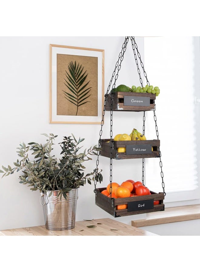 J JACKCUBE DESIGN 3-Tier Rustic Wood Hanging Fruit Basket, Kitchen Fruit, Vegetable Storage Organizer, Countertop Space Saver- Heavy Duty Metal Hooks- MK1008A - Image 2
