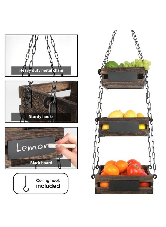 J JACKCUBE DESIGN 3-Tier Rustic Wood Hanging Fruit Basket, Kitchen Fruit, Vegetable Storage Organizer, Countertop Space Saver- Heavy Duty Metal Hooks- MK1008A - Image 4