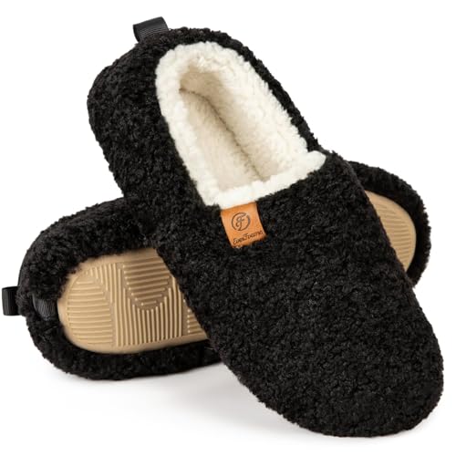 EverFoams Women’s Soft Curly Full Slippers Memory Foam Lightweight House Shoes Cozy Loafer with Polar Fleece Lining Black,7-8 US - Image 1