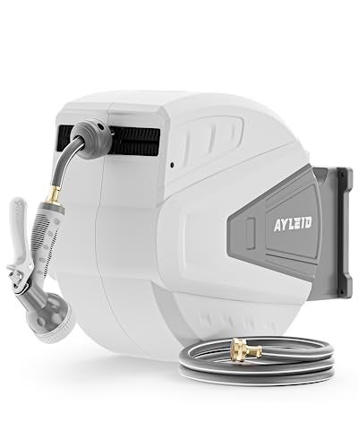 Ayleid Retractable Garden Hose Reel,5/8 in x 100 FT Wall Mounted Hose Reel, with 9- Function Sprayer Nozzle, Any Length Lock/Slow Return System/Wall Mounted/180°Swivel Bracket (Gray) - Image 1