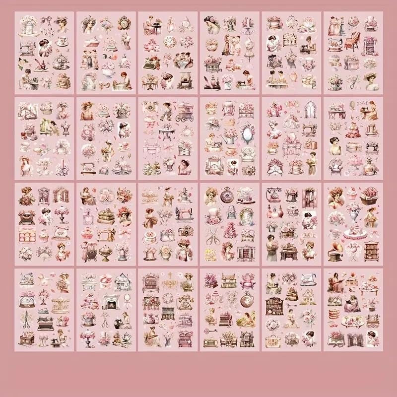 Invite Enterprise Invite 24 Sheets Vintage Theme Stickers - Elegant Victorian Girl Scrapbook Stickers, Floral Aesthetic Ephemera for Journals, Planners, Collage, and DIY Crafts [Pack of 1 - Pink Color] - Image 2