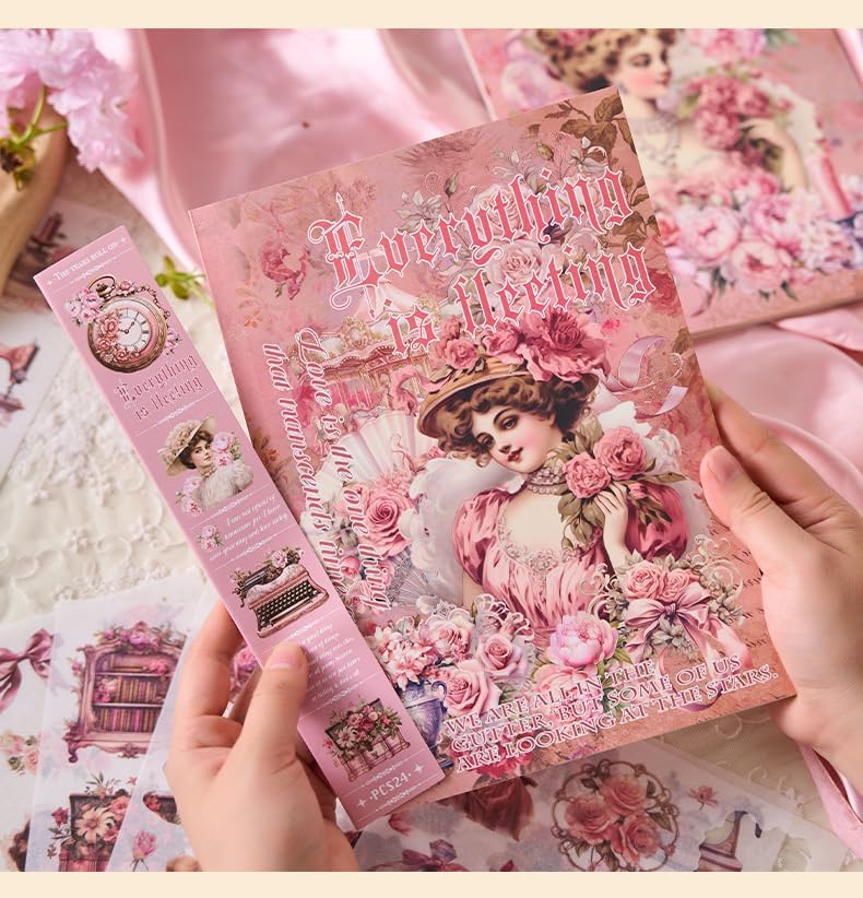 Invite Enterprise Invite 24 Sheets Vintage Theme Stickers - Elegant Victorian Girl Scrapbook Stickers, Floral Aesthetic Ephemera for Journals, Planners, Collage, and DIY Crafts [Pack of 1 - Pink Color] - Image 1