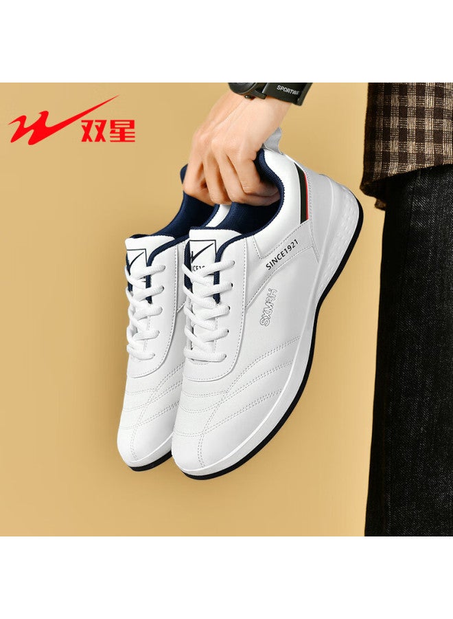 Shuangxing Men's Casual Sports Shoes Durable Leather Waterproof Lightweight Running Travel Shoes White Blue Size 46