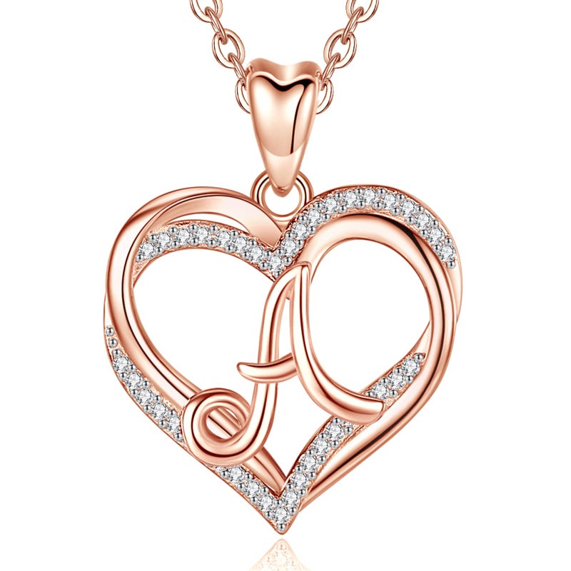 INFUSEU A Necklace Initial for Women Letter A Jewelry Rose Gold Heart Pendant Alphabet Capital Monogram Gift Teen Adolescent Teenager Young Girlfriend Mom Wife Dainty Trendy Cute - Image 1