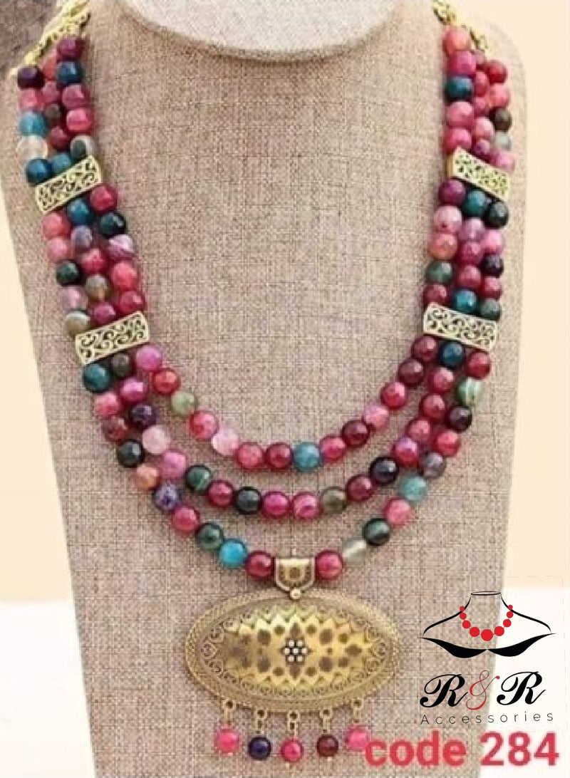 R&R Multi-functional women's necklace of multi-colored agate amethyst with a golden nickel pendant