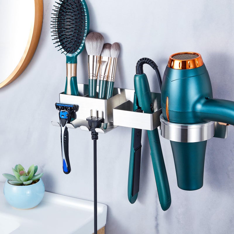 Oukimly Hairdryer Holder Wall Mounted Hair Straightener Holder, Blow Dryer Holder, Metal Hair Tool Organizer for Straighteners, Hair Dryer, Brush, Curling Iron (Silver) - Image 1
