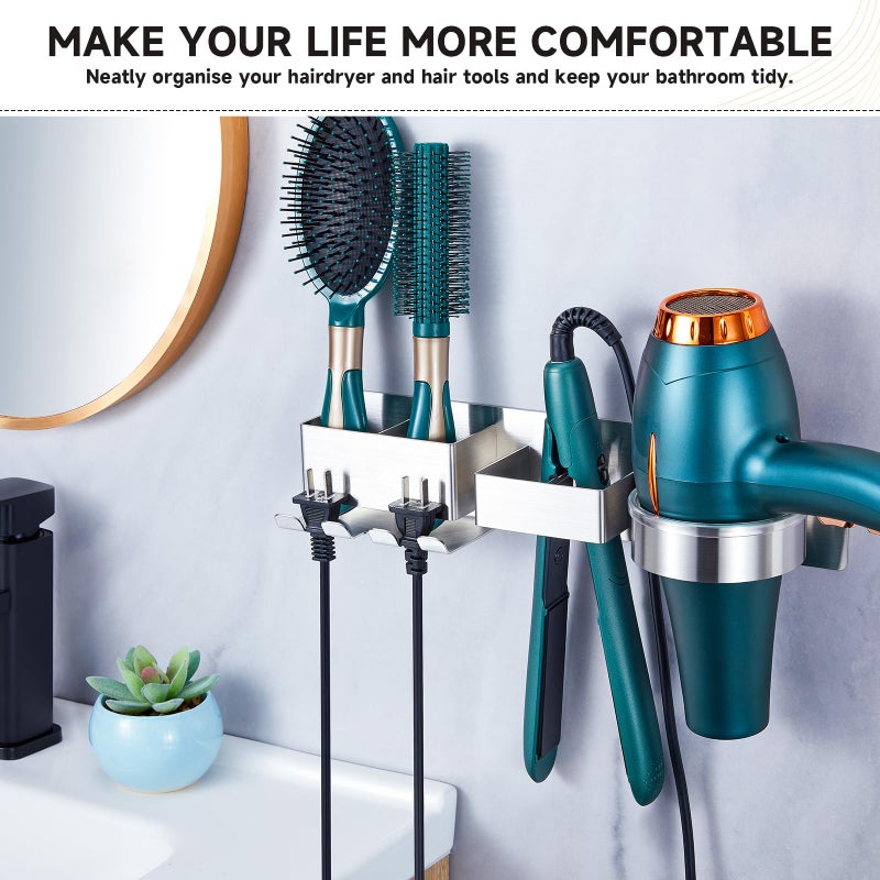 Oukimly Hairdryer Holder Wall Mounted Hair Straightener Holder, Blow Dryer Holder, Metal Hair Tool Organizer for Straighteners, Hair Dryer, Brush, Curling Iron (Silver) - Image 3